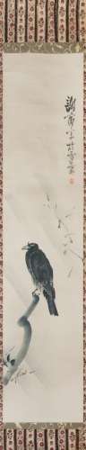 422. JAPANESE SCROLL CALIGRAPHY WITH RAVEN ON BRANCH