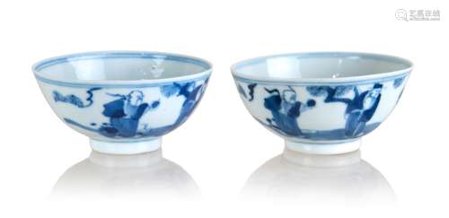 136. PAIR OF BLUE AND WHITE SCHOLAR FIGURE BOWLS