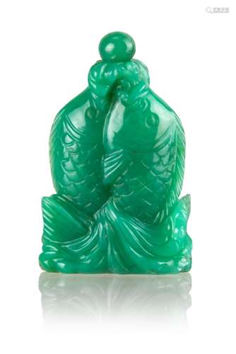 40. GREEN DOUBLE KOI SNUFF BOTTLE, 20 CENTURY