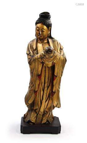 410. WOOD CARVED GILT STANDING KANNON; EDO PERIOD