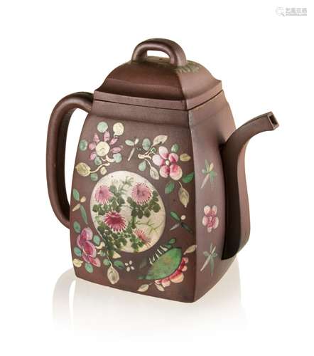 318. CHINESE ENAMELED PURPLE CLAY TEAPOT