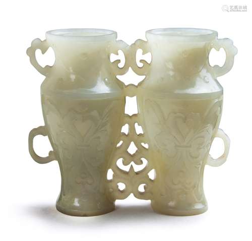 75. WHITE JADE CARVED JOINED VASES