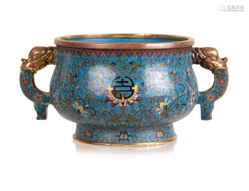 305. QIANLONG ROBINS BLUE CLOISONNE BRAISER