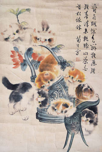 孙菊生 猫趣图 镜框 纸本