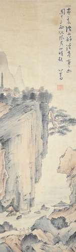 An ink and color on paper of Landscape with Pavillions and Pines by Pu Ru