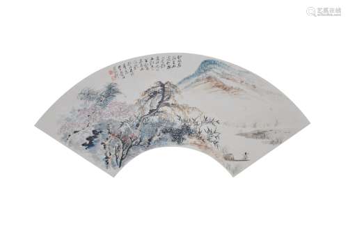 An Ink and Color on Paper Fan of Mountain Creek Fishing by Zhang Da Qian