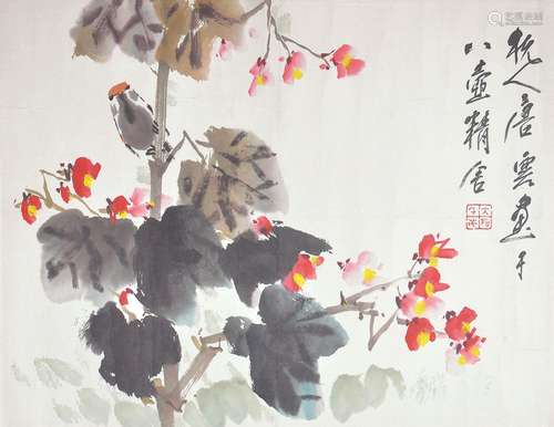 An ink and color on paper of bird and flowers by Tang Yun