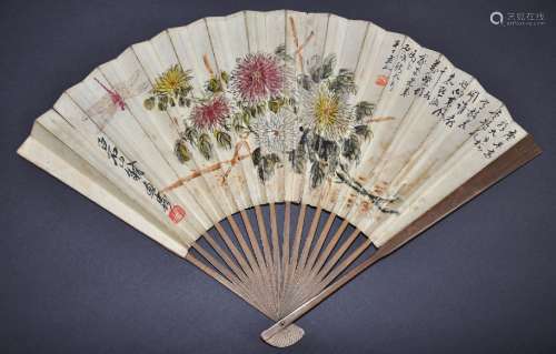 An Ink and Color on Paper Fan of Chrysanthemum by Qi Bai Shi and Chen Ban Ding