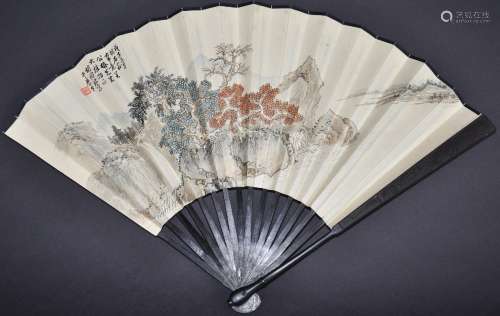 An Ink and Color on Paper Fan of Landscape and Poem by Zhang Da Qian and Hu Jian Zhen