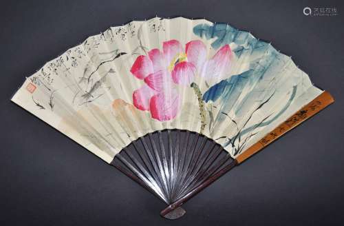 An Ink and Color on Paper Fan of Shrimps and Pond by Tang Yun