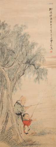 Painting of Willow trees along the riverbank by Sha Fu