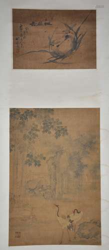 A group of two ink and color on paper of Orchids and Cranes on hanging scroll