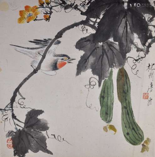 A Bird and Luffa ink and color on paper by Tang Yun