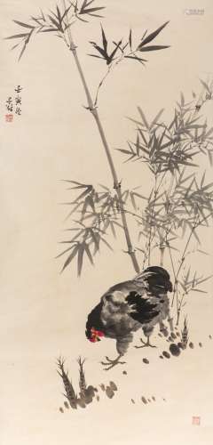 An ink and color on paper of Rooster and Bamboo by  Liu Zi Gu（1901～1986）