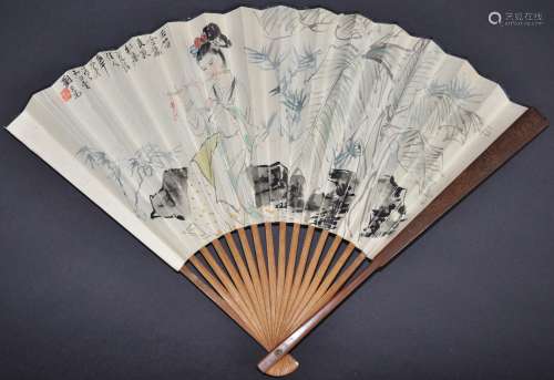An Ink and Color on Paper Fan of Ling Bo Fairy by Liu Dan Zhai