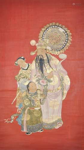 A Gilt Ink and Color on Red-Ground Paper of Fortune God