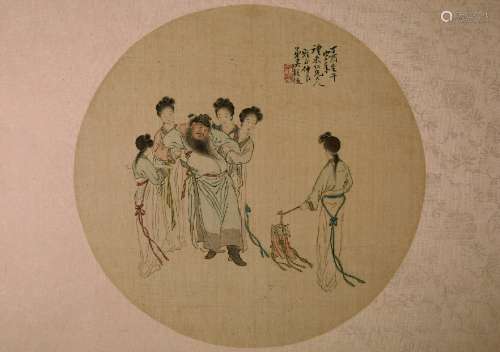 A round-framed paiting of Zhong Kui and maids