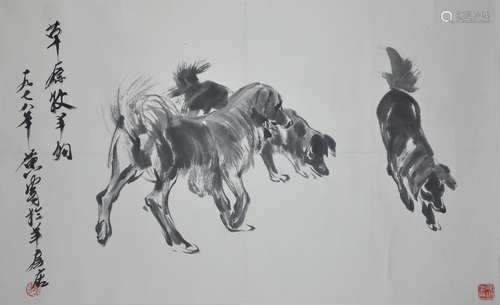 An ink on paper of shepherd dogs  by Huang Zhou