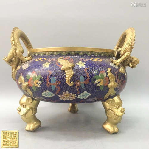 A QIANLONG MARK BRONZE GLITED CLOISONNE ENAMEL INSENSOR