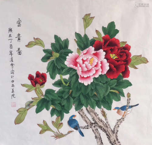 WATERCOLOR PAINTING(GONGBI) PEONY OF LINGXUE SIGN