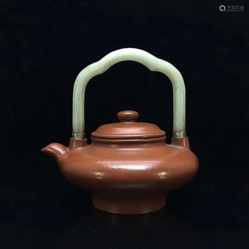 A CHEN MINGYUAN MARK PURPLE CLAY INCLAID JADE TEAPOT