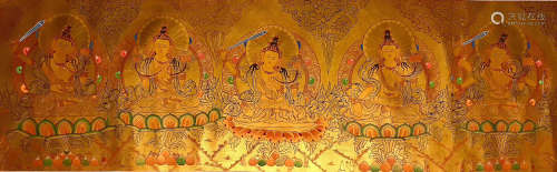 A GOLDEN TANGKA FIVE FORMS OF WENSHU BUDDHA