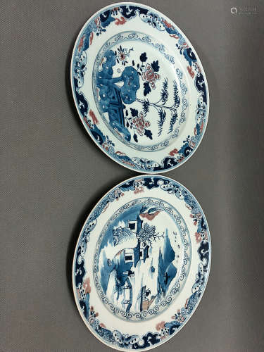 TWO BLUE&WHITE WITH UNDERGLAZED RED PLATES, QING DYNASTY