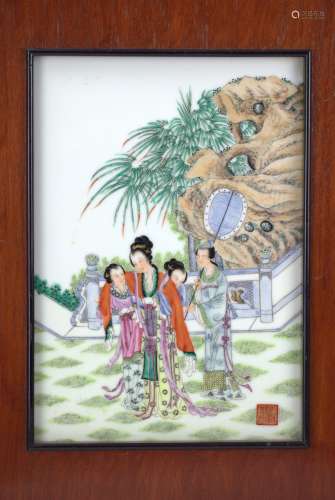 Chinese Framed famille rose porcelain plaque of a Chinese ladies