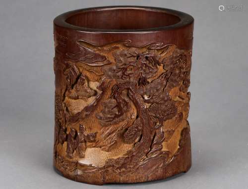 A Chinese Carved Bamboo Brush Pot of Pines from Qing Dynasty