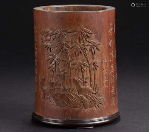 A Chinese carved Bamboo brush pot from Qing Dynasty by Zhu Ren
