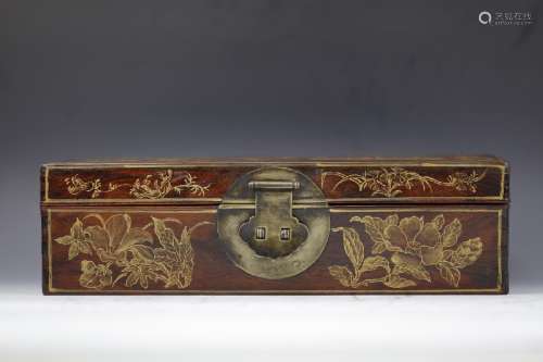A Chinese gilt crane and deer rosewood box copper accent