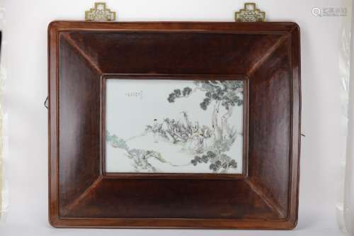 A Chinese pair of framed famille rose porcelain plaques