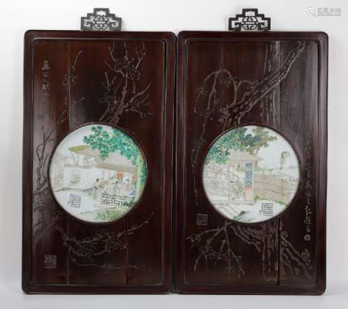 A Chinese pair of framed Chinese famille rose porcelain plaques