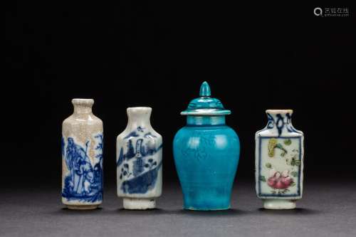 A group of four porcelain snuffle bottles from Qing Dynasty