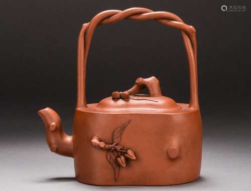 A Chinese Zisha teapot with tall handle by Chen Ming Yuan