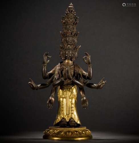 Chinese Gilt Bronze Eleven heads Guan Yin Buddha Statue Han-Tibetan style 18th century