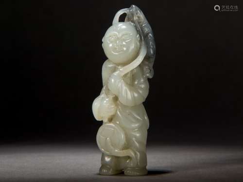 A Carved Hetian White Jade Pendant of an Auspicious Child from Qing Dynasty