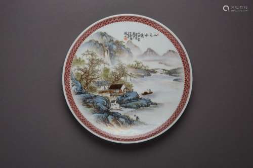 A famille-rose landscape porcelain plate by Wang Yunquan from Cultural Revolution period