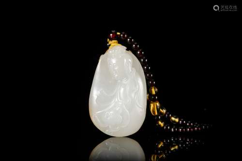 A Carved Hetian White Jade Pendant of Guanyin