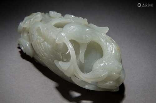 A Hetian White Jade Phoenix Brush Washer from Qing Dynasty