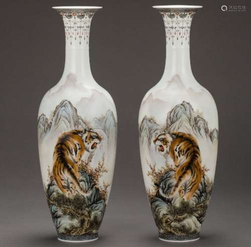 A pair of famille-rose tiger vases by Bi Yuanming