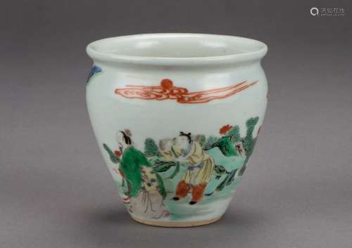 A famille verte figural document cylinder vase from early Qing Dynasty