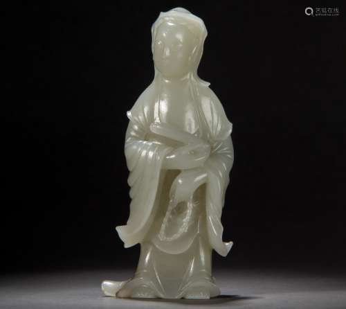 A Carved Hetian White Jade of Guan Yin From Qing Period