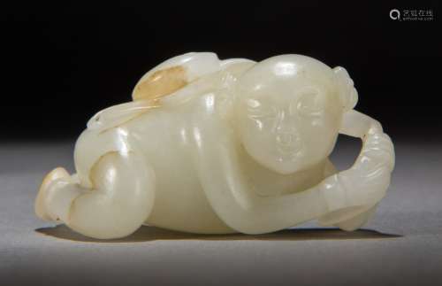 A Carved Hetian White Jade Figure of an Auspicious Child from Qing Dynasty