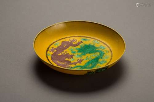 A yellow-ground Red and Green dragon plate from late Qing Dynasty