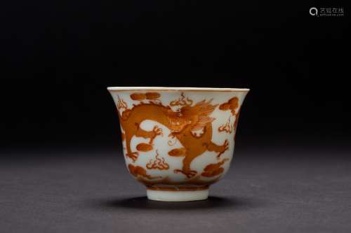 A coral-red bell-shaped cup with Guangxu mark