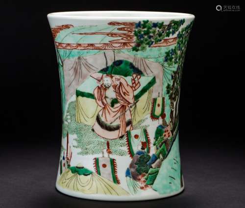 A famille verte figural brush pot from early Qing Dynasty