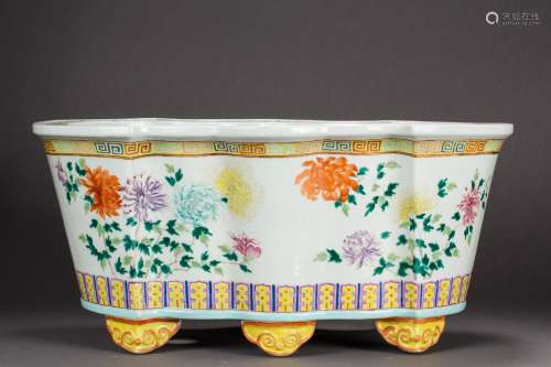 A famille-rose sycee shaped floral pot from mid-Qing Dynasty