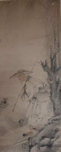 An Ink and Color on Paper of a Fisherman by Zhong Mei