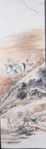 An Ink and Color on Paper of a Hunting Scene by Gu Ji An